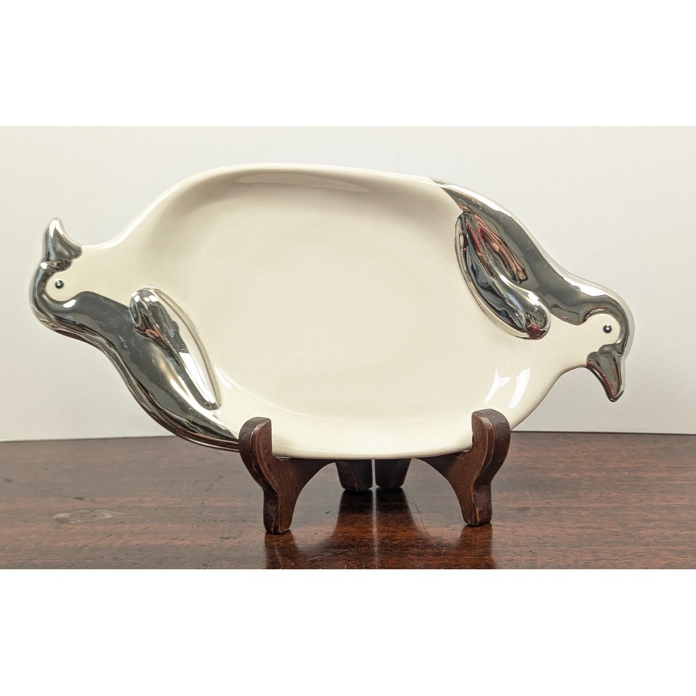 Department 56 Double Headed Penguin Ceramic Serving Platter Silver Trim 13.5in